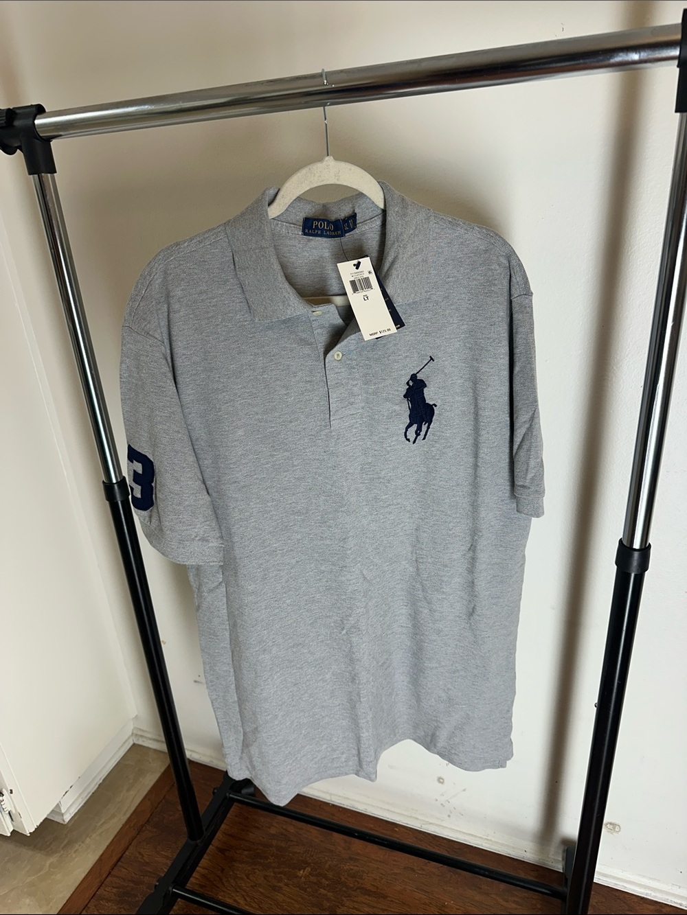 Polo by Ralph Lauren Light Gray Polo with Navy Pony & Sleeve Number